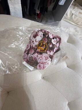 DREW Floral Pink and Brown Baseball Hat with Embroidered Smiley -rare-